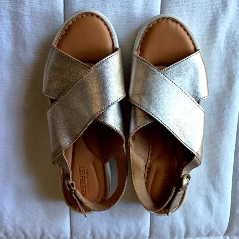 Dwarves Handmade Leather x strap Sandals Metallic Golden Womens Platform_8 - Picture 1 of 10